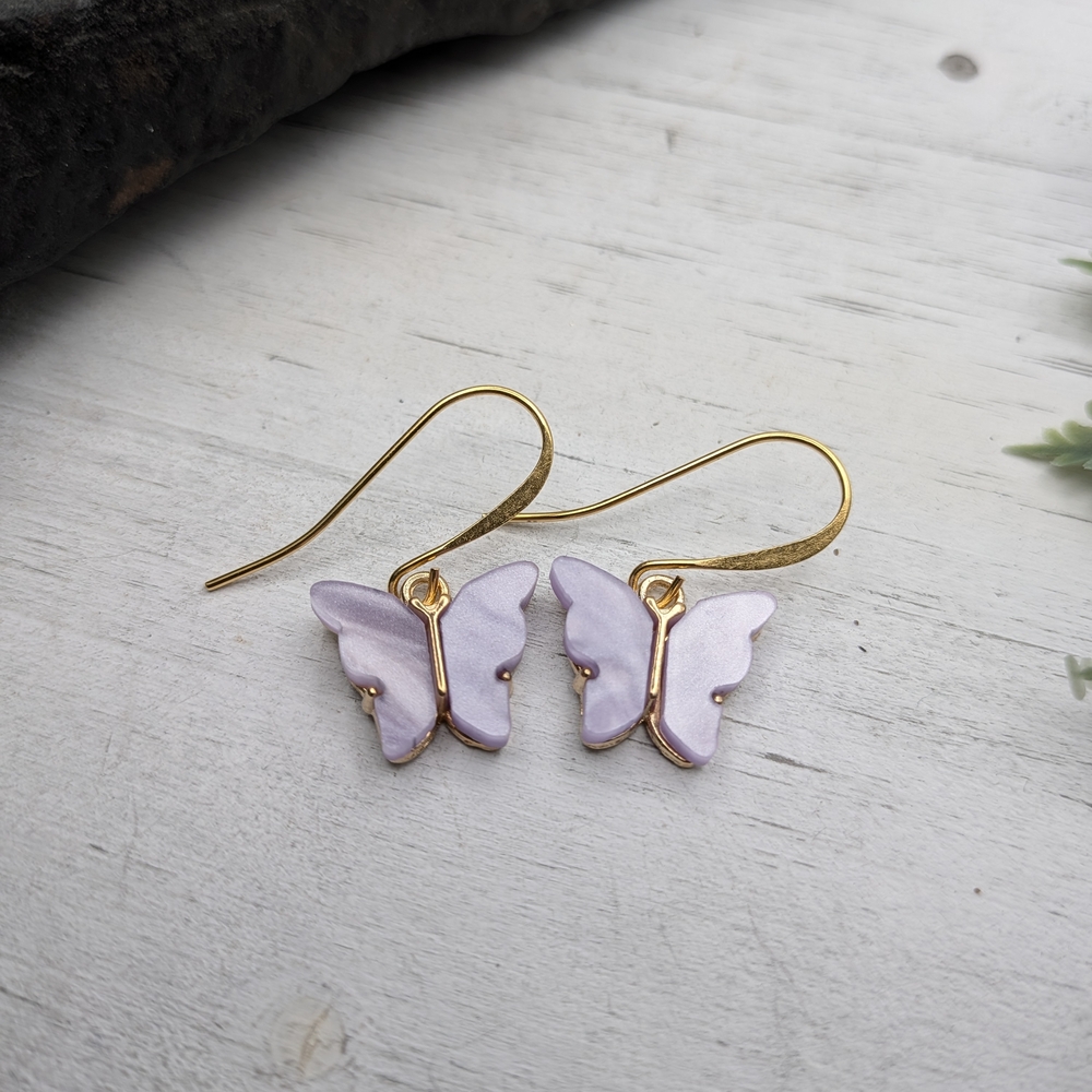 Gold Butterfly Drop Earrings in Lavender - Women Jewelry